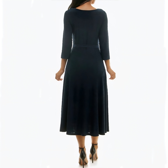 Nina Leonard Sylvia Tie Waist A-Line Midi Dress Navy M - Picture 2 of 3